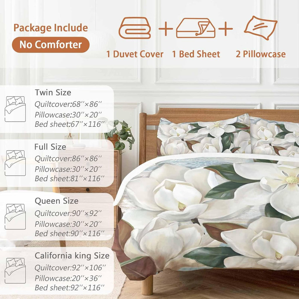 White Floral Duvet Cover Set Queen Size 4 Pieces Spring White Magnolia Vintage Plants Farmhouse Rustic Bedding Set with Zipper Closure, 1 Comforter Cover 92x106 Inches 1 Flat Sheet & 2 Pillow Cases