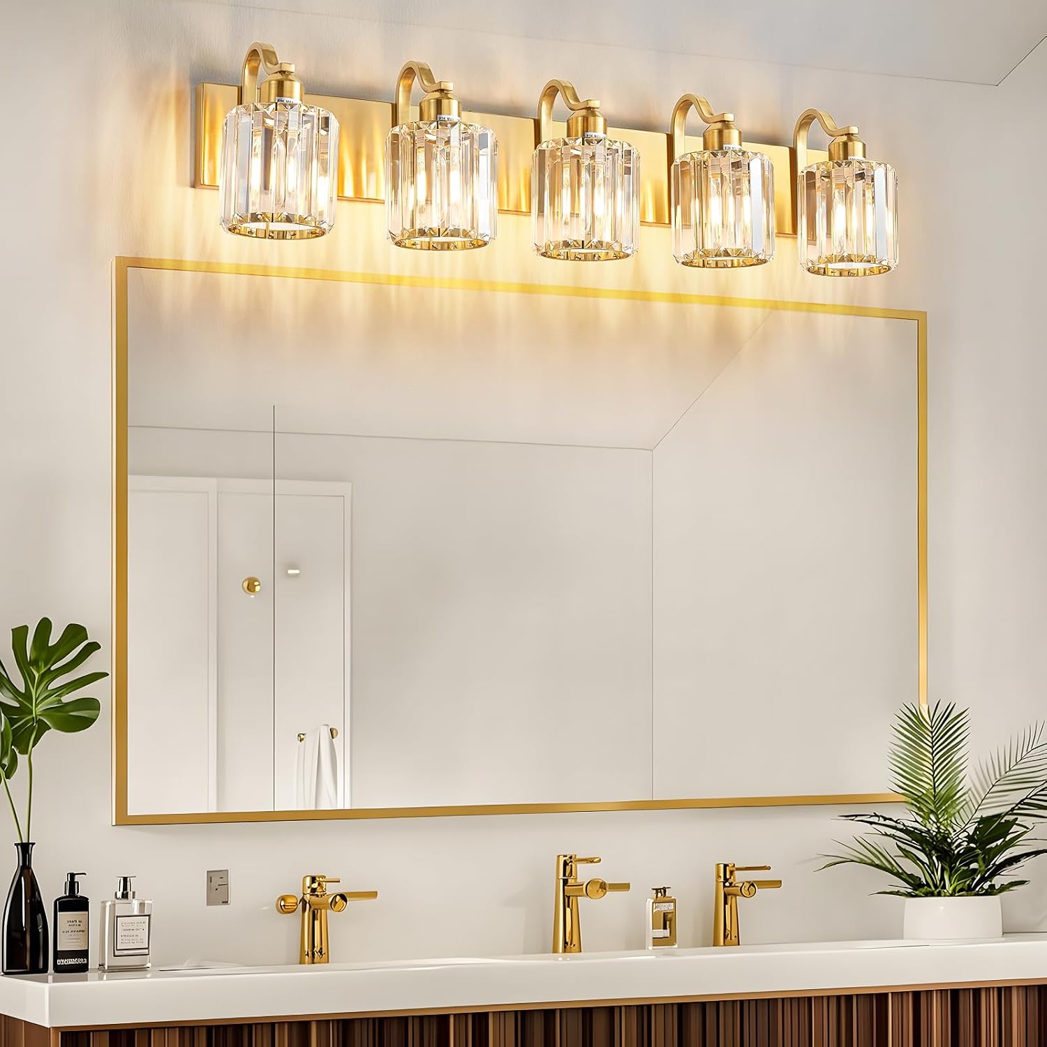 Modern Crystal Bathroom Vanity Light 5 Lights Crooked Gold Over Mirror Wall Lighting Fixture with Round Shade (Exclude Bulb)