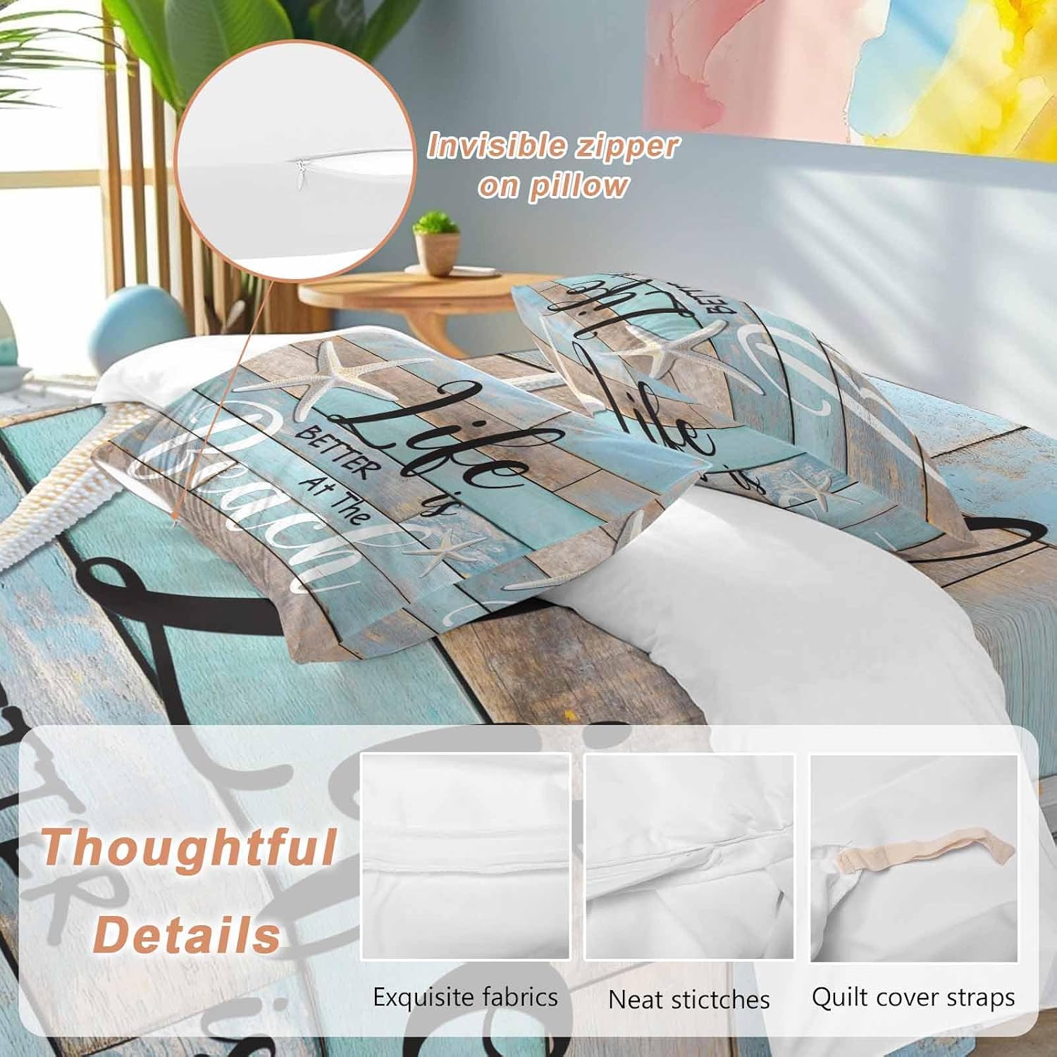 Life Is Duvet Cover Set Queen Size 4 Pieces Better at The Beach Summer Starfish Teal Wood Grain Bedding Set with Zipper Closure, 1 Comforter Cover 86x86 Inches 1 Flat Sheet & 2 Pillow Cases