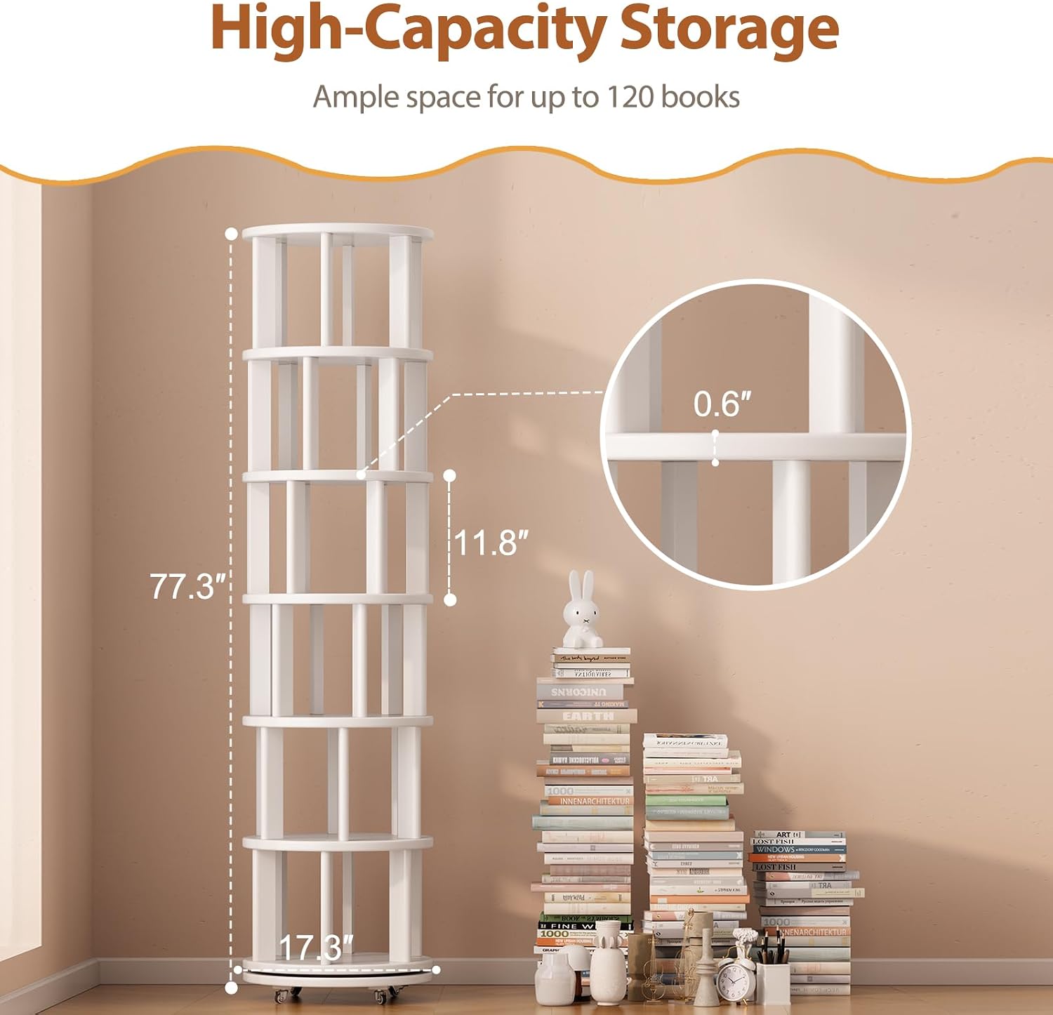 Muwuele Solid Wood Rotating Bookshelf on Wheels, 6 Tier, Round Revolving Bookcase, 360° Spinning Book Shelf Tower for Kids, Narrow Rolling Bookshelves for Small Space, Corner, Bedroom, Office, White