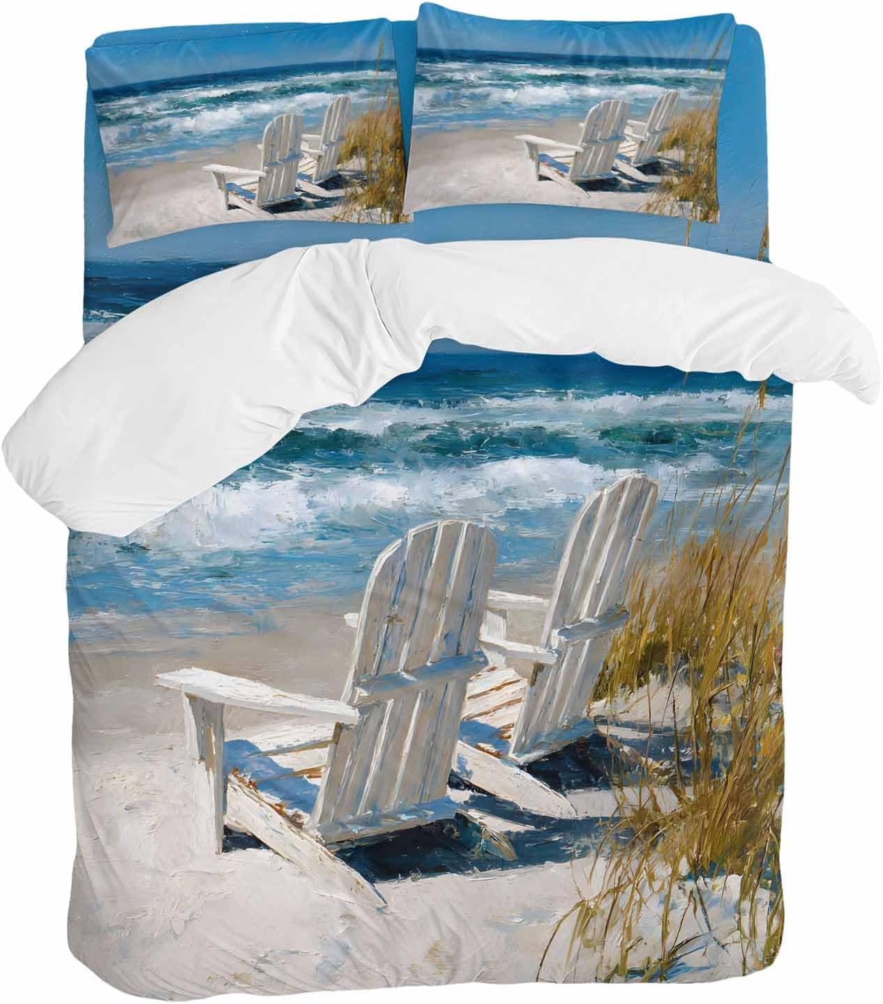 Prime Leader White Chairs Duvet Cover Set Queen Size 4 Pieces American Country Beach Ocean Bedding Set with Zipper Closure, 1 Comforter Cover 92x106 Inches 1 Flat Sheet & 2 Pillow Cases