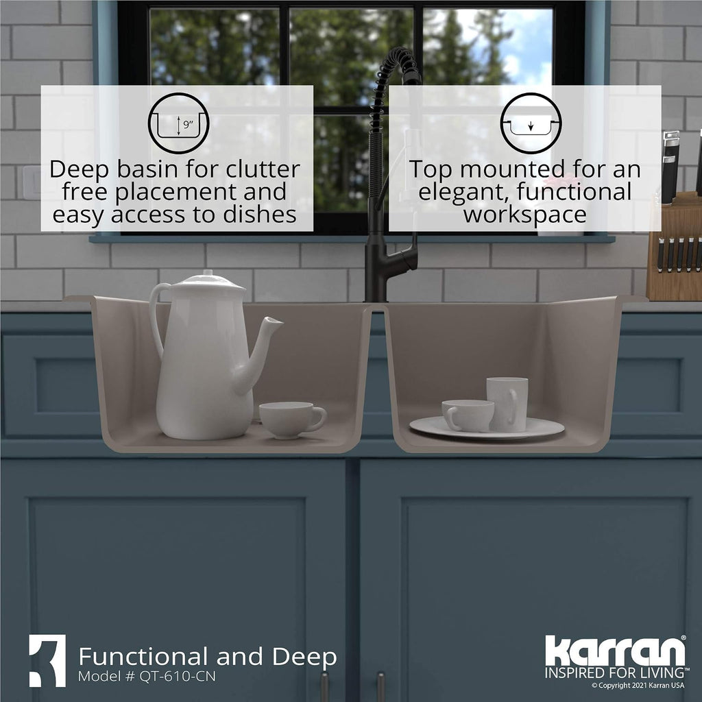 Karran 33' Drop-In/Top Mount Quartz Composite 1-Hole 60/40 Double Bowl Kitchen Sink in Concrete