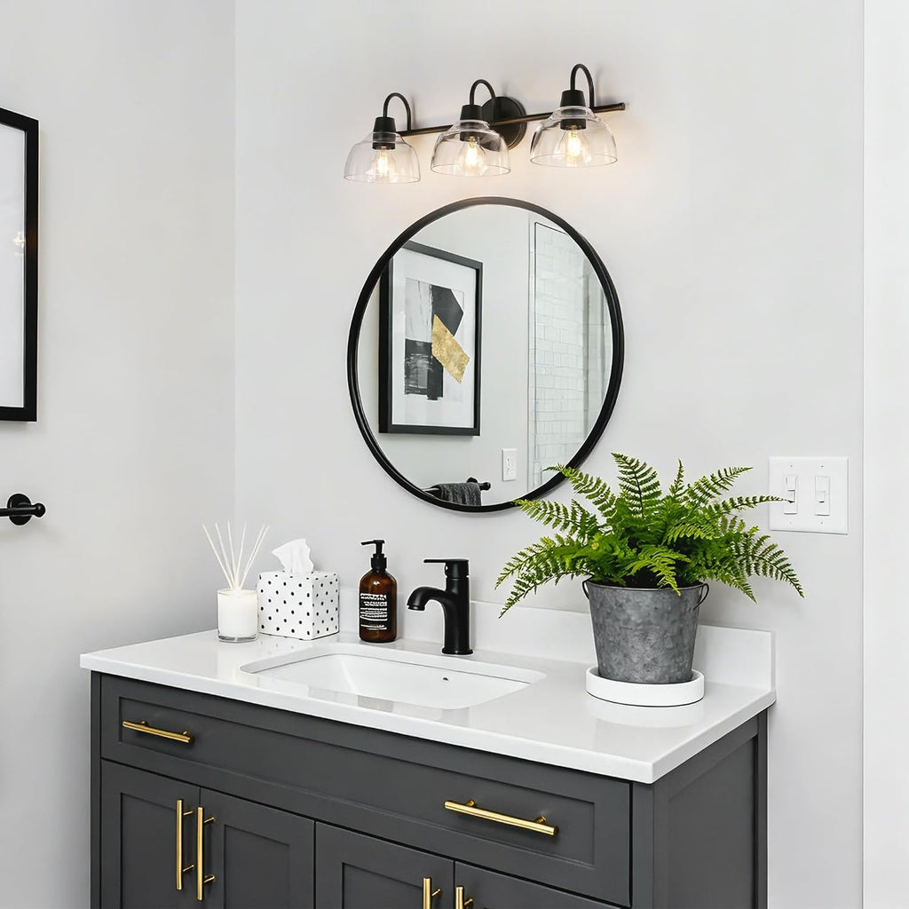 KSANA Black Bathroom Light Fixtures, Modern Farmhouse Vanity Lights Over Mirror 3-Light Bathroom Wall Mounted Sconce with Dome Glass Shade