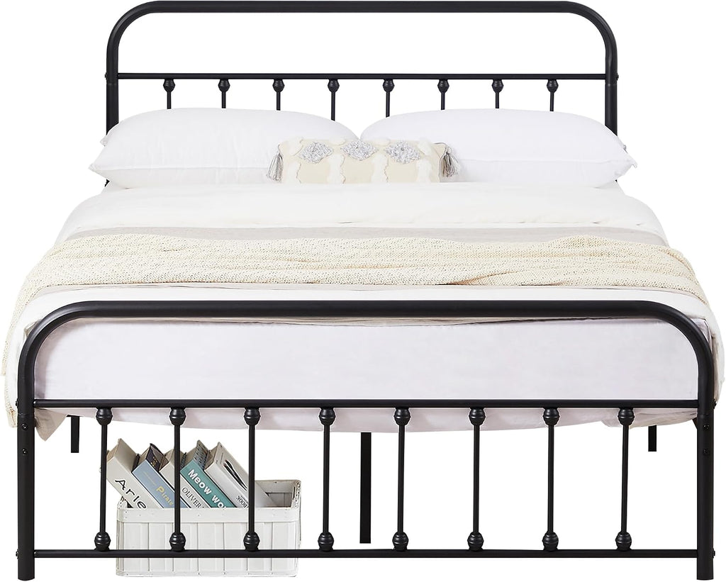 VECELO Queen Size Victorian Style Metal Bed Frame with Headboard Classic Metal Platform Bed Frame Mattress Foundation with Footboard/Under Bed Storage/No Box Spring Black