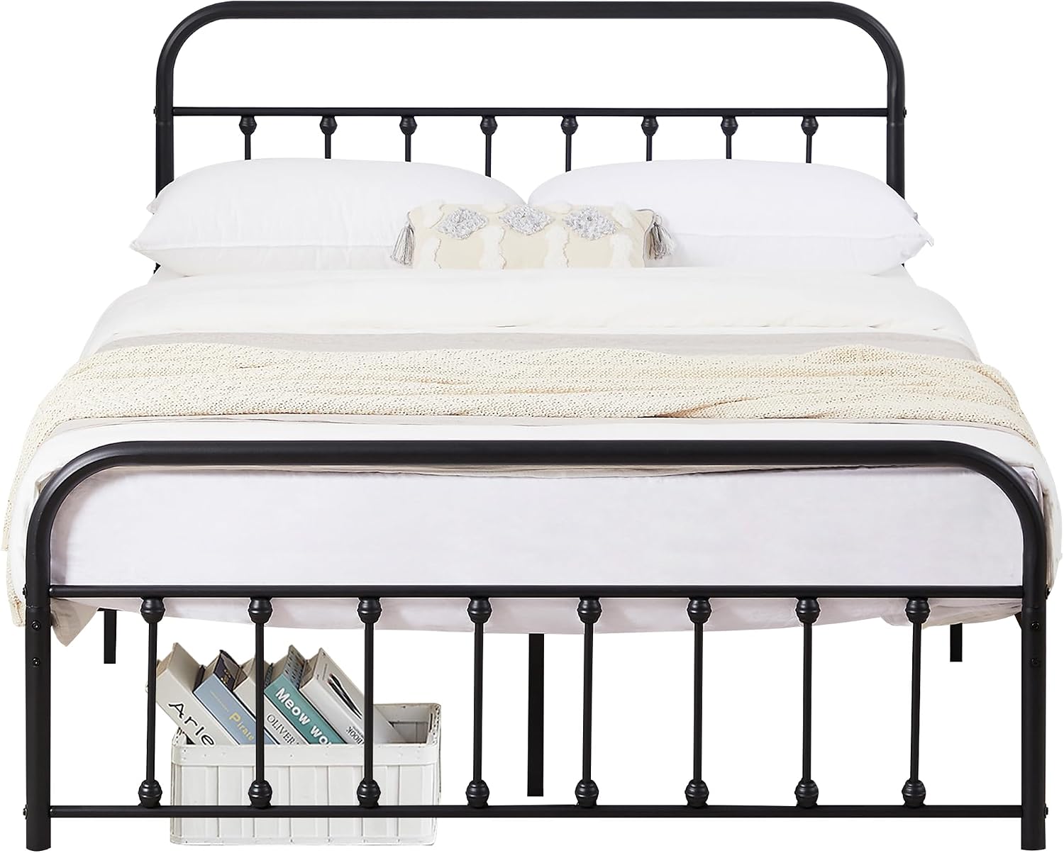 VECELO Queen Size Victorian Style Metal Bed Frame with Headboard Classic Metal Platform Bed Frame Mattress Foundation with Footboard/Under Bed Storage/No Box Spring Black