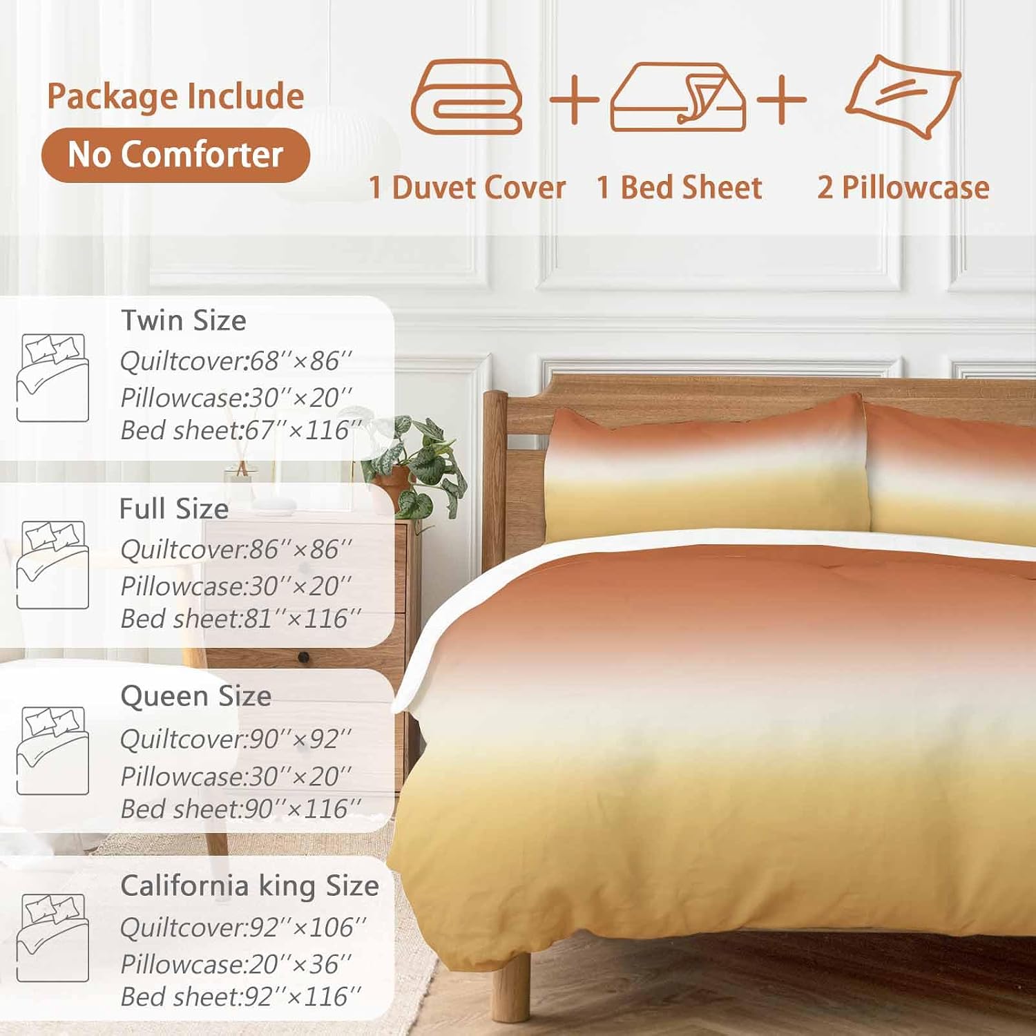 Gradient Orange Duvet Cover Set Queen Size 4 Pieces Modern Minimalist Yellow Orange Ocean Beach Bedding Set with Zipper Closure, 1 Comforter Cover 92x106 Inches 1 Flat Sheet & 2 Pillow Cases