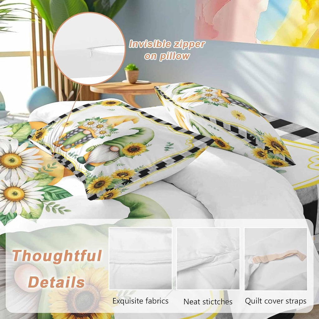 Prime Leader Summer Dwarfs Duvet Cover Set Queen Size 4 Pieces Yellow Sunflower Daisy Black Plaid Field Bedding Set with Zipper Closure, 1 Comforter Cover 92x106 Inches 1 Flat Sheet & 2 Pillow Cases