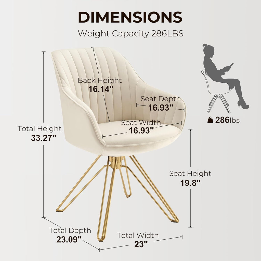 Volans Swivel Accent Chair, Mid Century Modern Dining Room Chairs with Hollow Black Metal Leg, Home Office Desk Chair No Wheels for Living Room, Bedroom, Off White