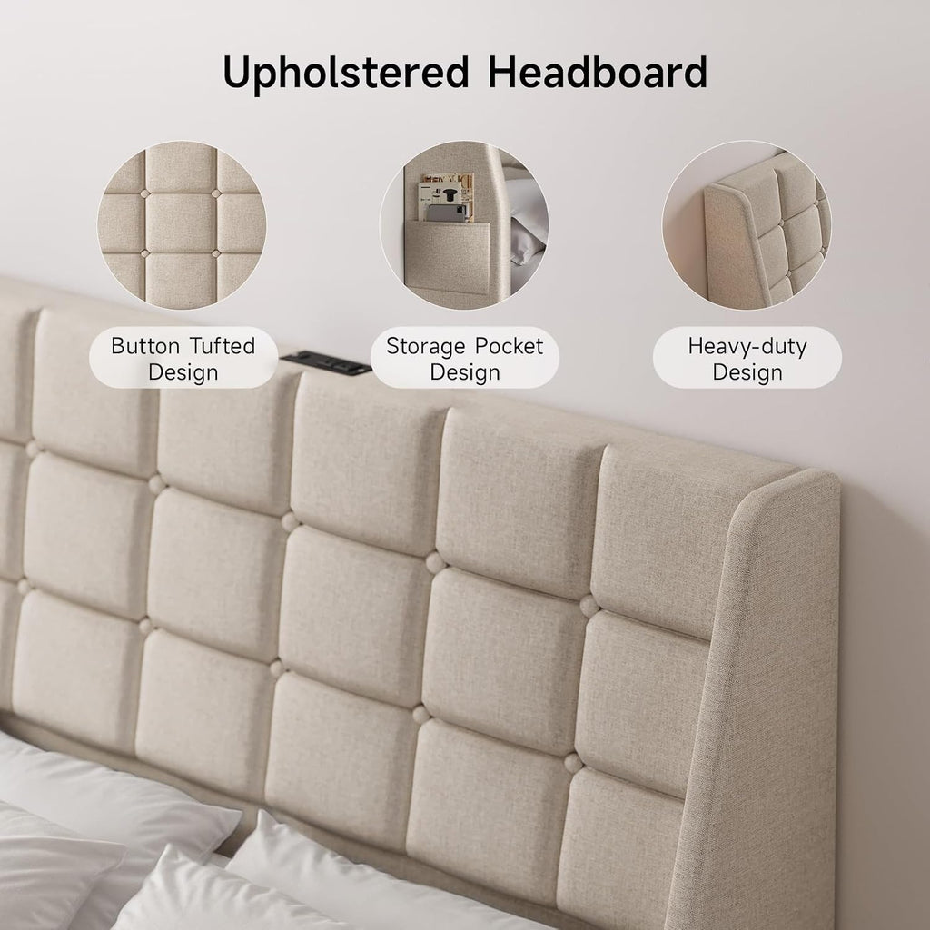Ergonomic Upholstered Headboard Full Size w/Charging Station, Linen Wingback Headboards w/Storage Pocket, Full Headboard Only, Bed Frame Adapters, Sturdy Stable Solid Wood Bed Head Board, Beige