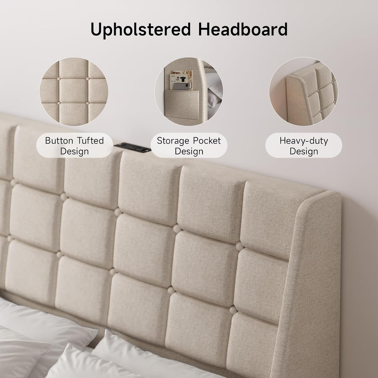 Ergonomic Upholstered Headboard Full Size w/Charging Station, Linen Wingback Headboards w/Storage Pocket, Full Headboard Only, Bed Frame Adapters, Sturdy Stable Solid Wood Bed Head Board, Beige