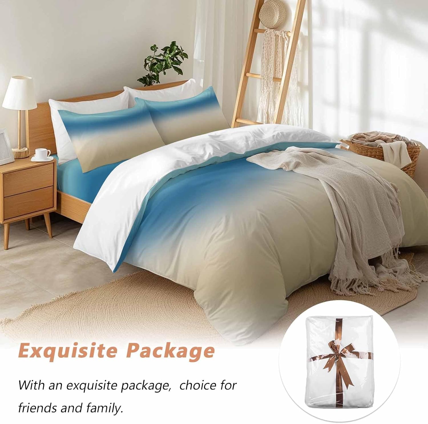 Prime Leader Gradient Blue Duvet Cover Set Queen Size 4 Pieces Modern Minimalist Blue Brown Ocean Beach Bedding Set with Zipper Closure, 1 Comforter Cover 92x106 Inches 1 Flat Sheet & 2 Pillow Cases