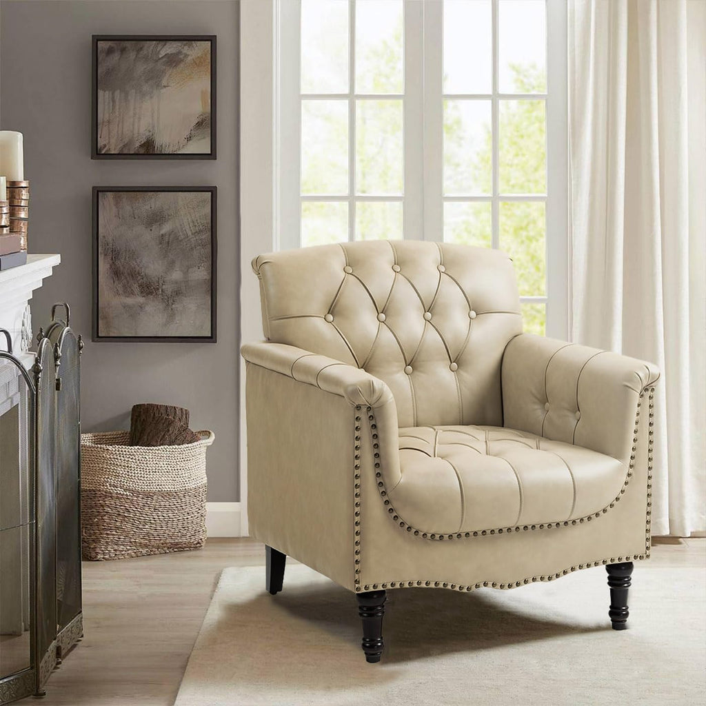 Faux Leather Accent Chair, PU Leather Modern Comfy Upholstered Armchair with Wood Legs & Nailhead Trim for Living Room, Bedroom (Beige,Set of 1)