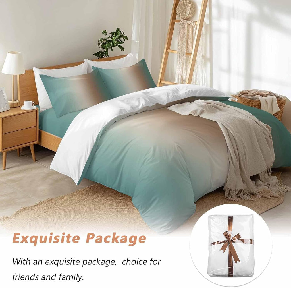 Prime Leader Gradient Green Duvet Cover Set Queen Size 4 Pieces Modern Minimalist Brown Green Ocean Beach Bedding Set with Zipper Closure, 1 Comforter Cover 90x92 Inches 1 Flat Sheet & 2 Pillow Cases