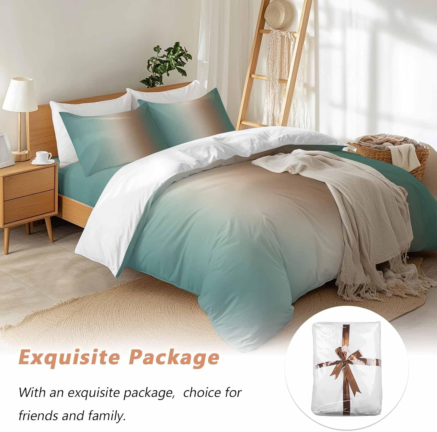 Prime Leader Gradient Green Duvet Cover Set Queen Size 4 Pieces Modern Minimalist Brown Green Ocean Beach Bedding Set with Zipper Closure, 1 Comforter Cover 86x86 Inches 1 Flat Sheet & 2 Pillow Cases