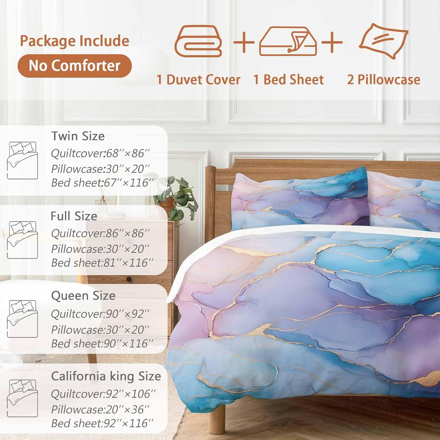 Prime Leader Abstract Impressionist Duvet Cover Set Queen Size 4 Pieces Blue Marble Texture Bedding Set with Zipper Closure, 1 Comforter Cover 92x106 Inches 1 Flat Sheet & 2 Pillow Cases