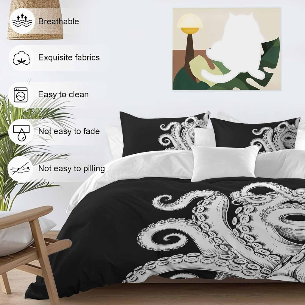 Abstract Octopus Duvet Cover Set Queen Size 4 Pieces Vintage Gray White Octopus Touches Black Background Bedding Set with Zipper Closure, 1 Comforter Cover 92x106 Inches 1 Flat Sheet & 2 Pillow Cases