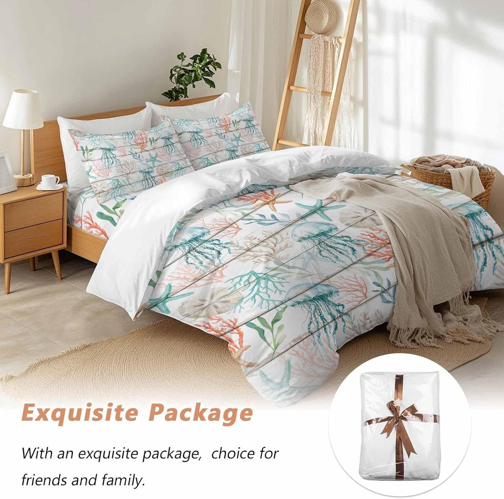 Prime Leader Teal Jellyfish Starfish Duvet Cover Set Queen Size 4 Pieces Summer Beach Coral Shell Board Bedding Set with Zipper Closure, 1 Comforter Cover 90x92 Inches 1 Flat Sheet & 2 Pillow Cases