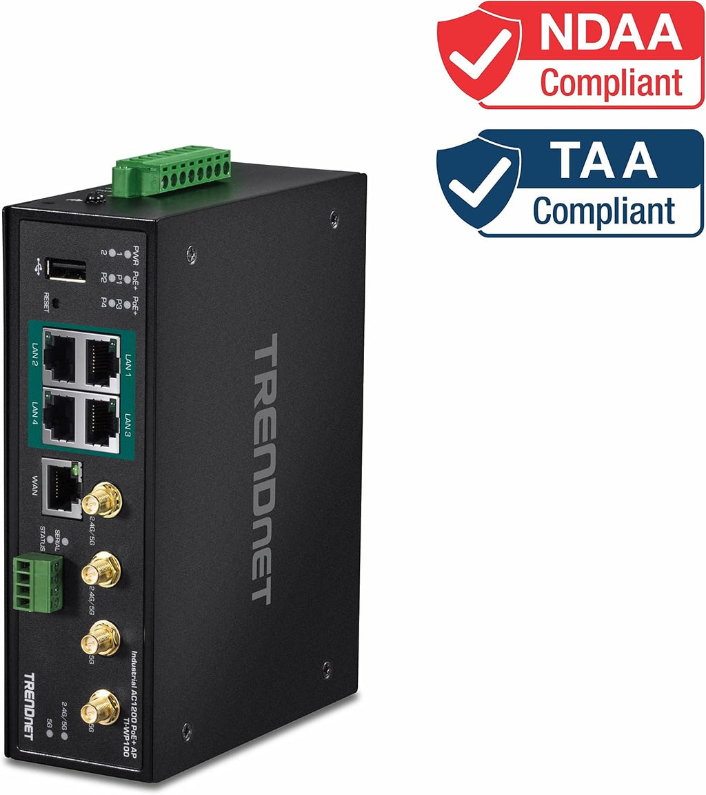 TRENDnet Industrial AC1200 Wireless Gigabit PoE+ Router, TI-WP100, IP30 Housing, Dual-WAN, Dual-Band WiFi, VPN, Inter-VLAN Routing