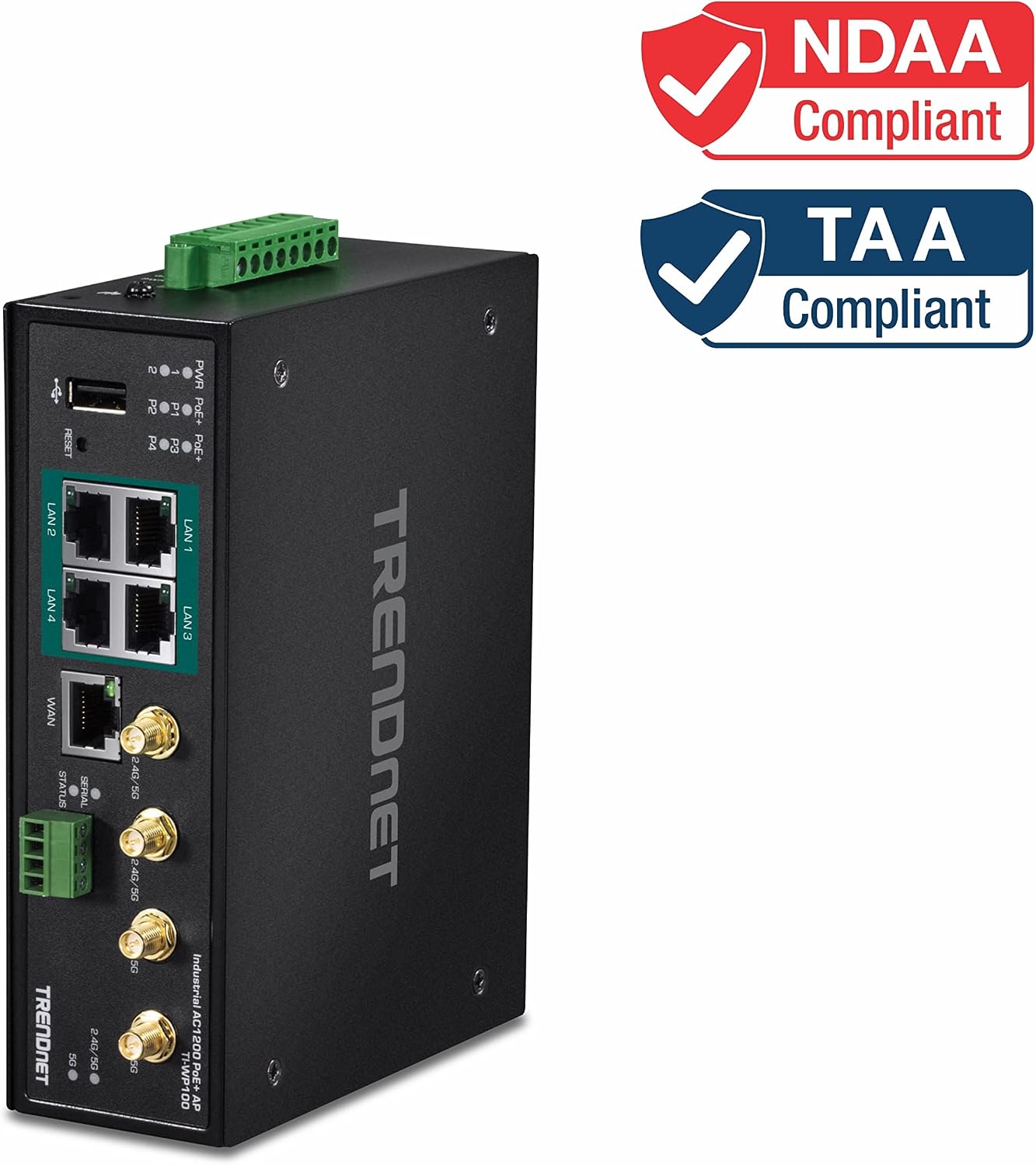 TRENDnet Industrial AC1200 Wireless Gigabit PoE+ Router, TI-WP100, IP30 Housing, Dual-WAN, Dual-Band WiFi, VPN, Inter-VLAN Routing