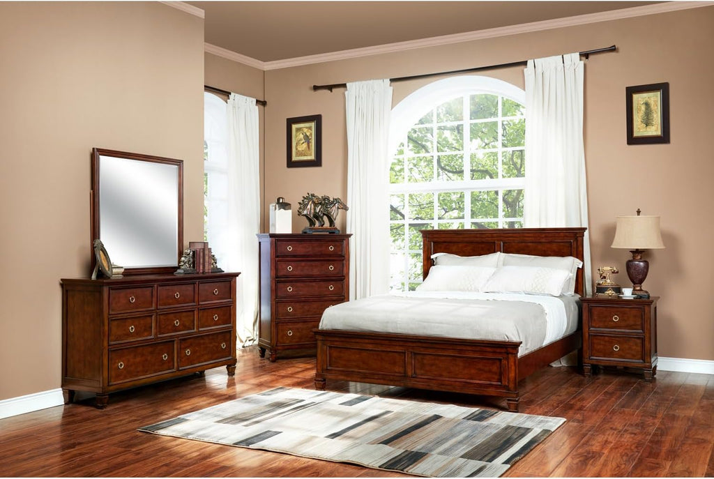 HomeStock Wood Panel Bed with Headboard - Modern Bedroom Furniture Queen/Cherry Brown