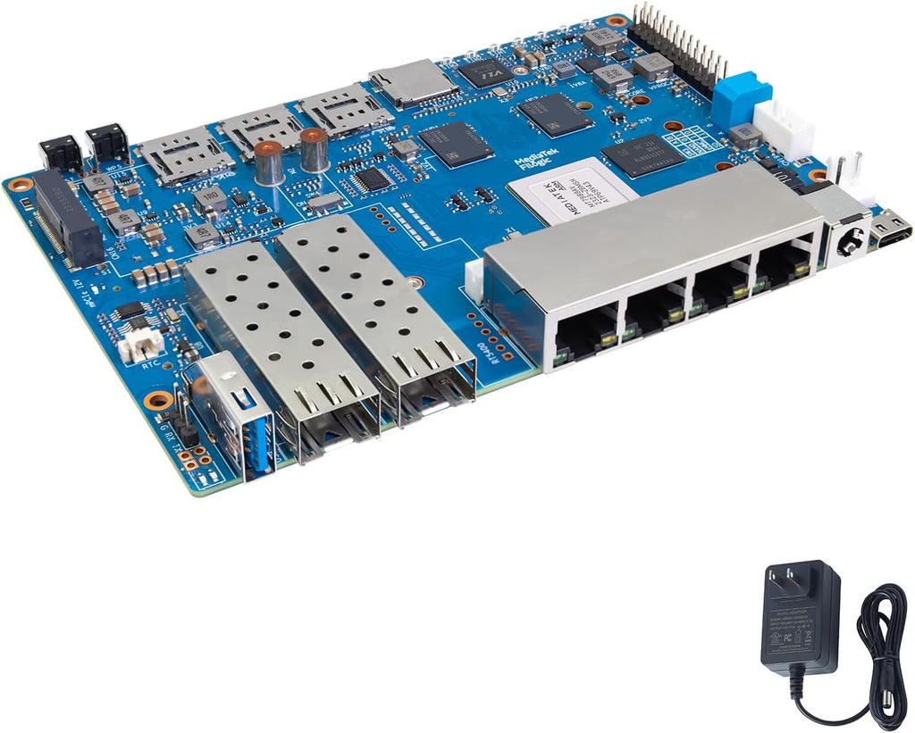 Banana Pi BPI-R4 WiFi 7 Router Development Board, with MediaTek MT7988A Chip, 4GB RAM and 8G eMMC onboard, 2X 10Gbe SFP Slot,4X Gbe Network Port (BPI R4 Basic Kit)