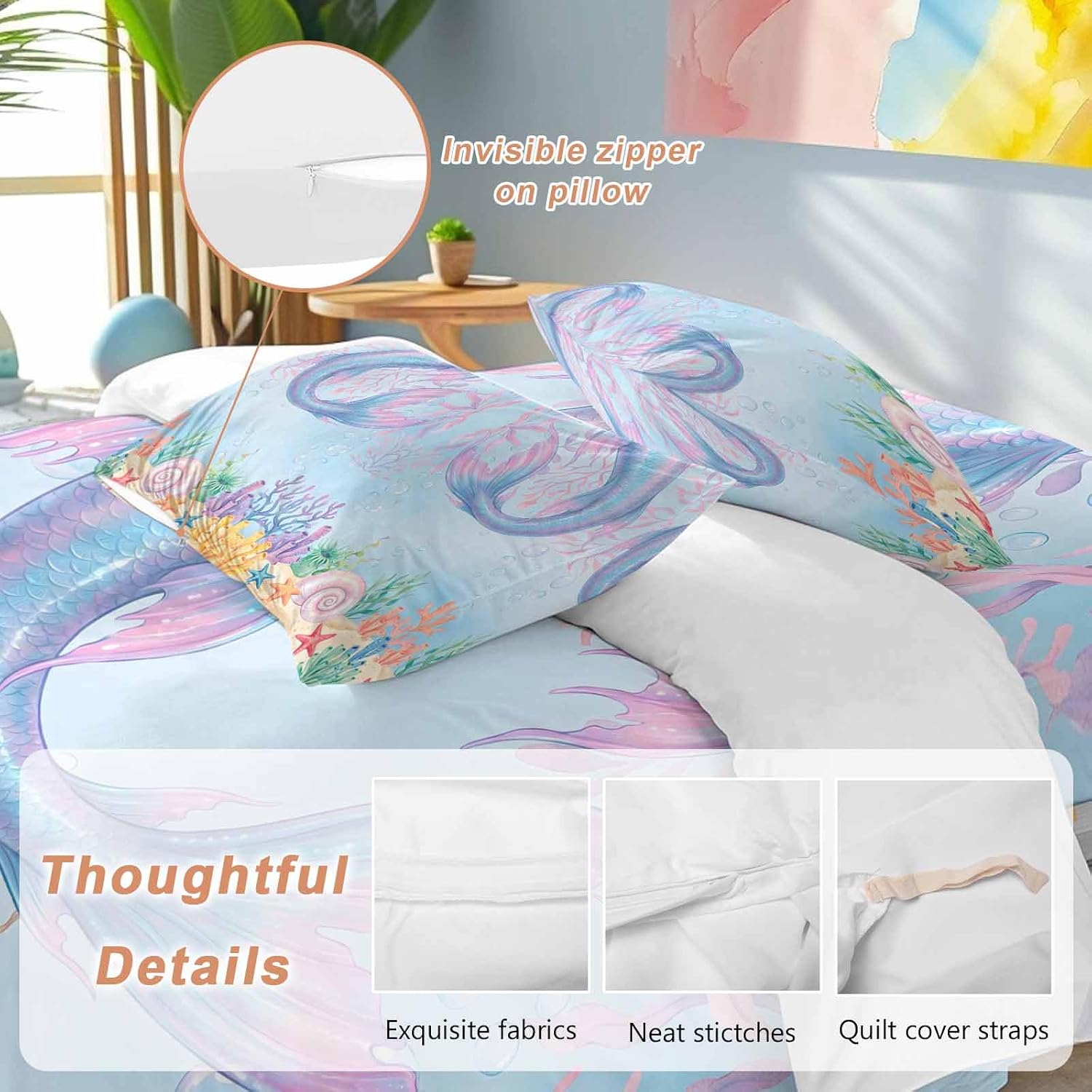 Ocean Marine Life Duvet Cover Set Queen Size 4 Pieces Watercolor Fish Tails Starfish Sea Nut Seagrass Bedding Set with Zipper Closure, 1 Comforter Cover 92x106 Inches 1 Flat Sheet & 2 Pillow Cases
