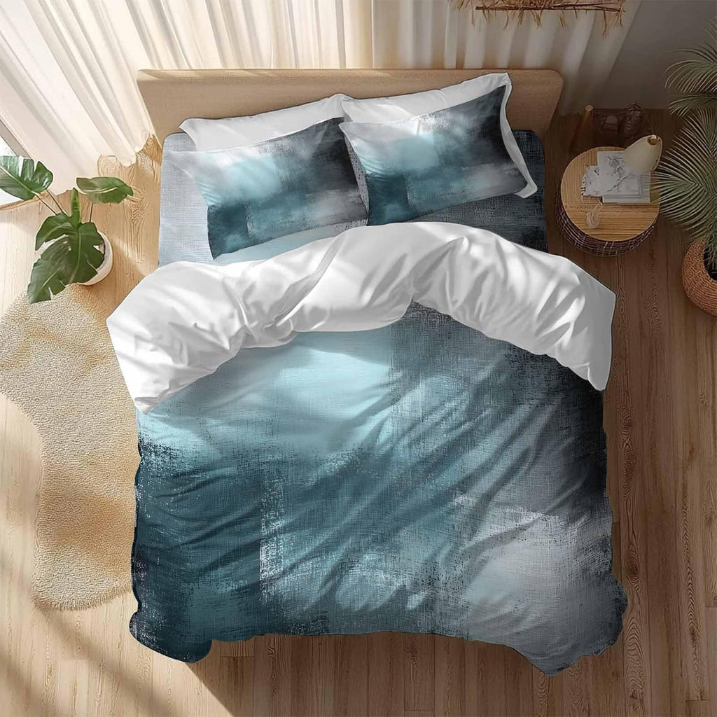 Prime Leader Teal Blue Color Block Duvet Cover Set Queen Size 4 Pieces Abstract Shabby Modern Art Bedding Set with Zipper Closure, 1 Comforter Cover 92x106 Inches 1 Flat Sheet & 2 Pillow Cases