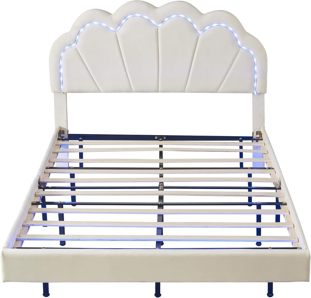 Velvet Full Size Upholstered LED Platform Bed with Storage Ottoman, 2-Pieces Bedroom Sets, Elegant Floating Platform Bed with LED Flowers-Shaped Headboard (Beige-2PF)