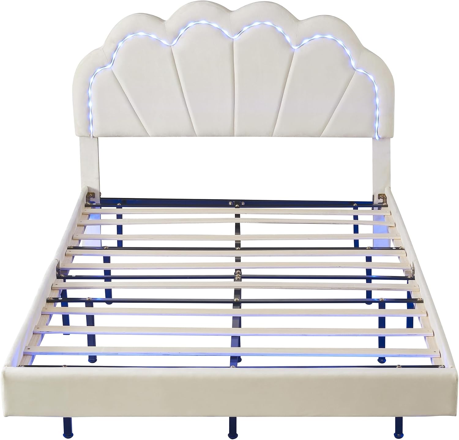 Velvet Full Size Upholstered LED Platform Bed with Storage Ottoman, 2-Pieces Bedroom Sets, Elegant Floating Platform Bed with LED Flowers-Shaped Headboard (Beige-2PF)