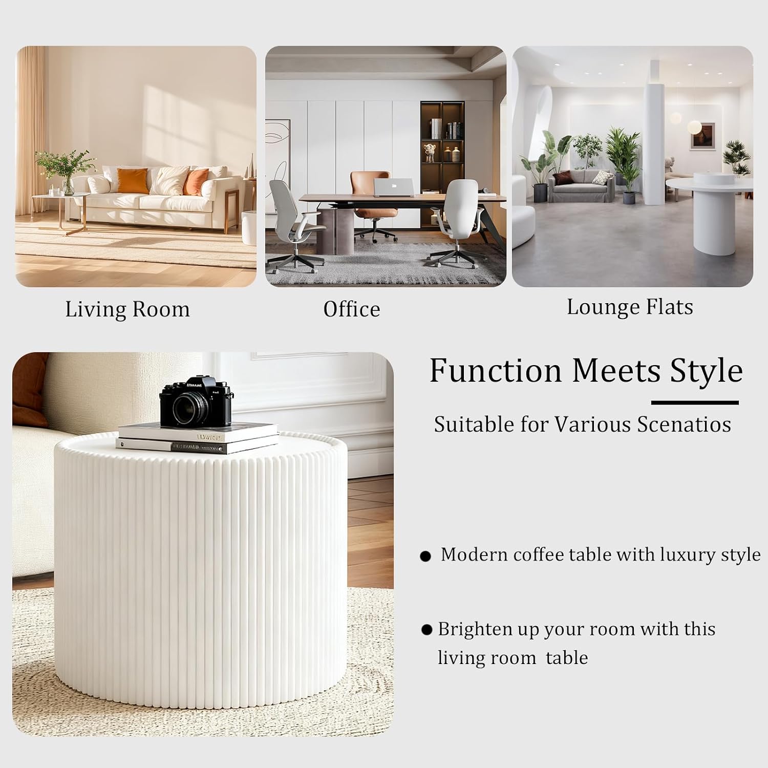 Round Coffee Table Set, 29.52' Black Drum Center Table and 17.71' White Coffee Table Set, 2 Pieces Living Room Table Set with Sintered Stone Tabletop, Fluted PU Leather Covered and Stable Base