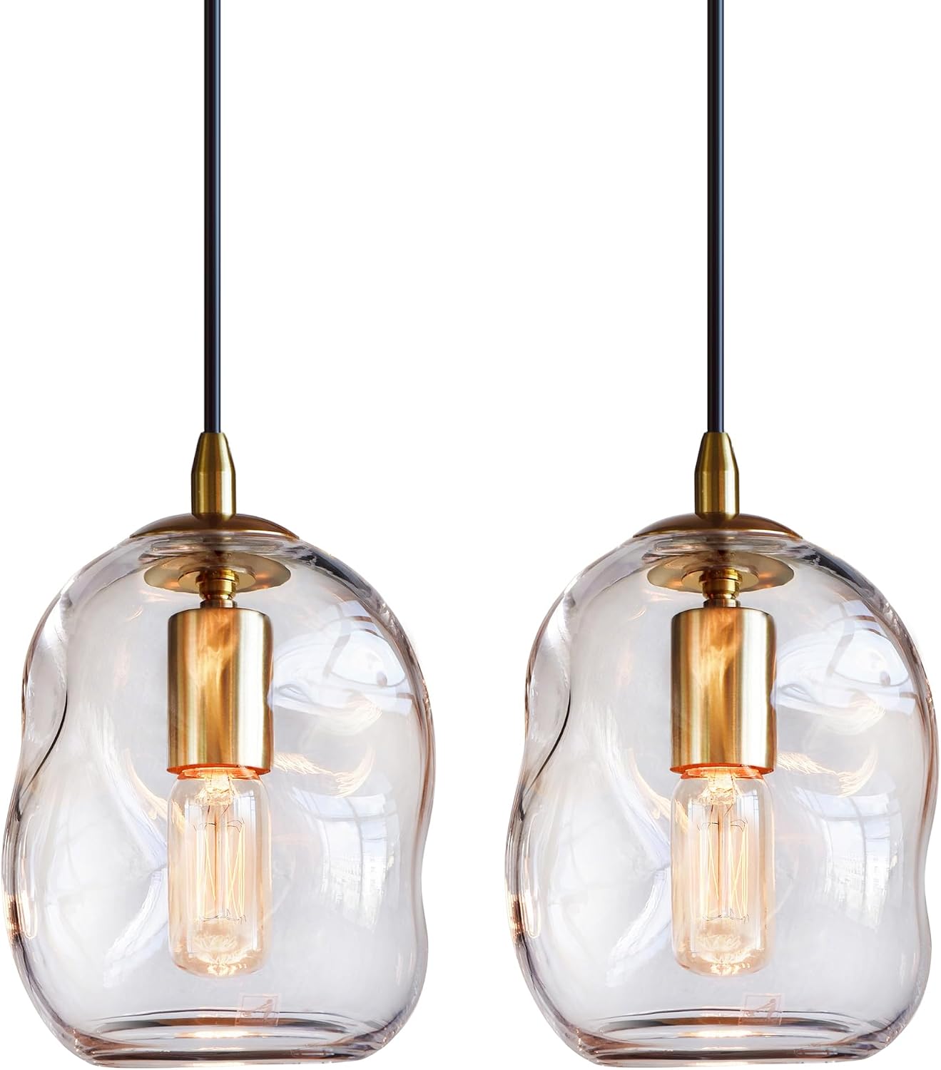 CASAMOTION Pendant Lights Kitchen Island 2 Pack Modern Contemporary Clear Glass Organic Globe Brass Gold Hanging Light Adjustable Cord Bedroom Dining Table Small Medium Lamp 8 Inch