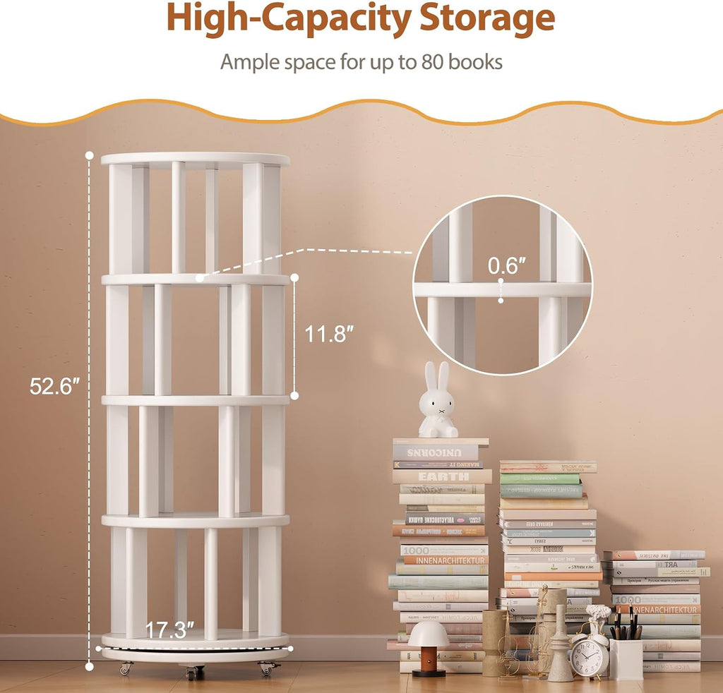 Muwuele Solid Wood Rotating Bookshelf on Wheels, 4 Tier, Round Revolving Bookcase, 360° Spinning Book Shelf Tower for Kids, Narrow Rolling Bookshelves for Small Space, Corner, Bedroom, Office, White