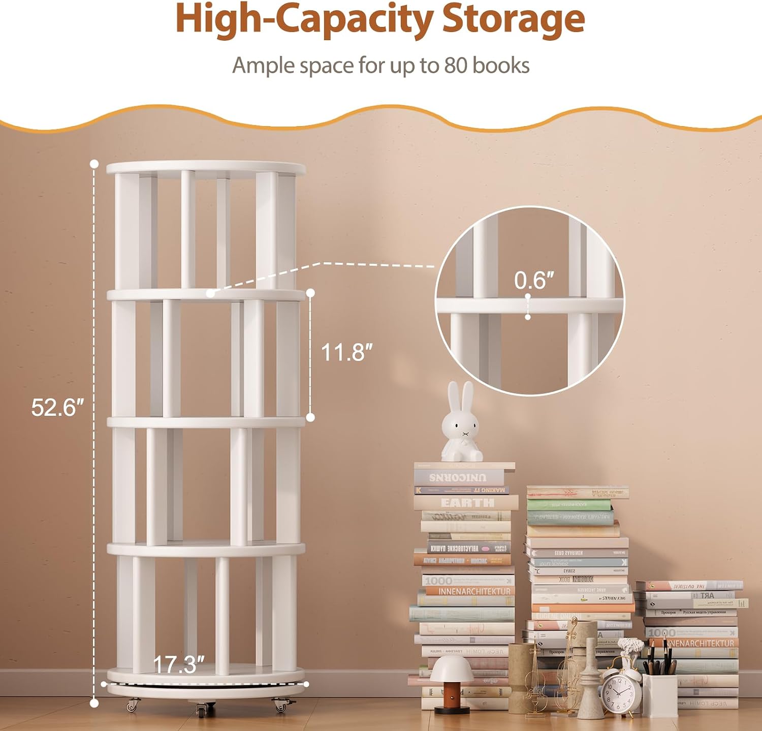 Muwuele Solid Wood Rotating Bookshelf on Wheels, 4 Tier, Round Revolving Bookcase, 360° Spinning Book Shelf Tower for Kids, Narrow Rolling Bookshelves for Small Space, Corner, Bedroom, Office, White