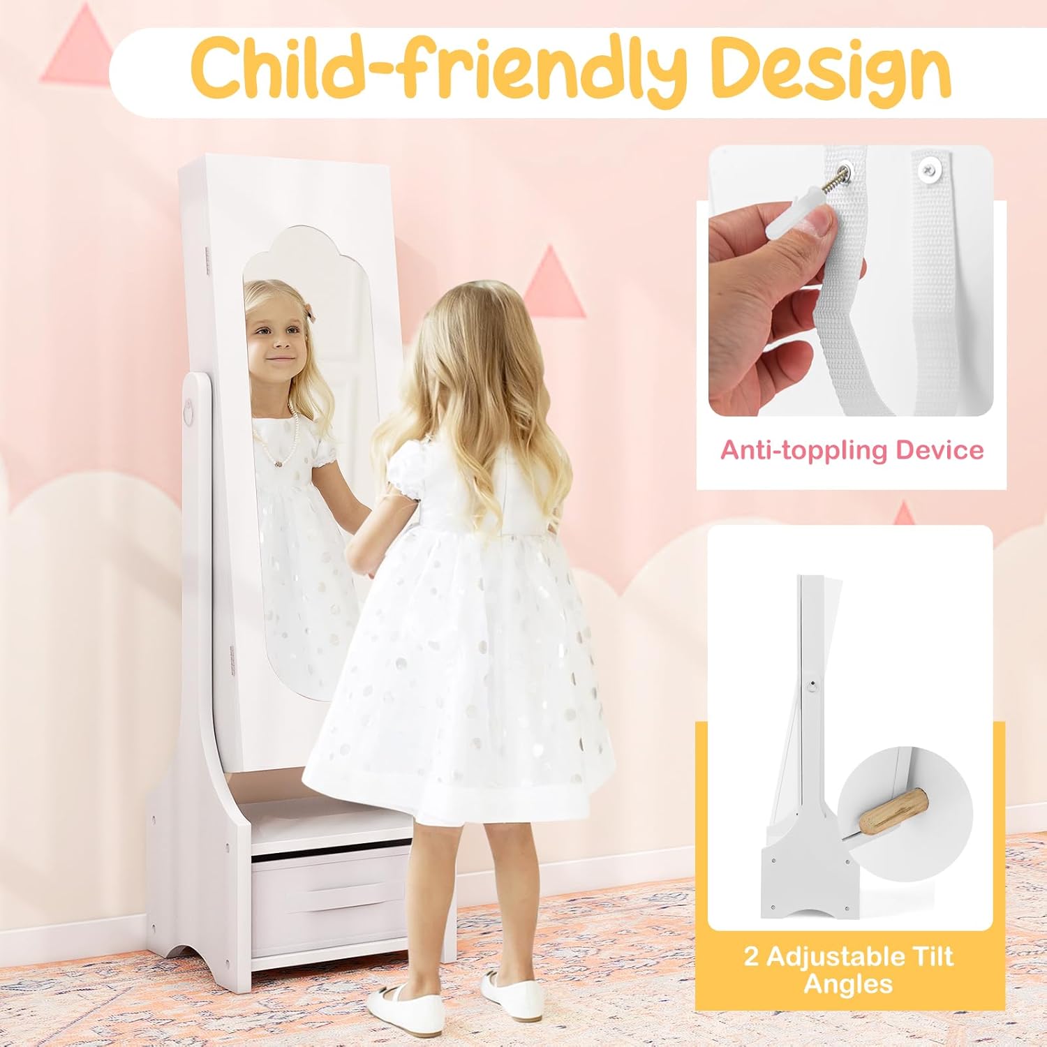 Costzon Kids Vanity & Jewelry Armoire Cabinet, Kids Vanity Table and Chair Set, Makeup Dressing Table, Standing Jewelry Organizer with Full-Length Mirror, Kids Bedroom Furniture Set for Girls (White)