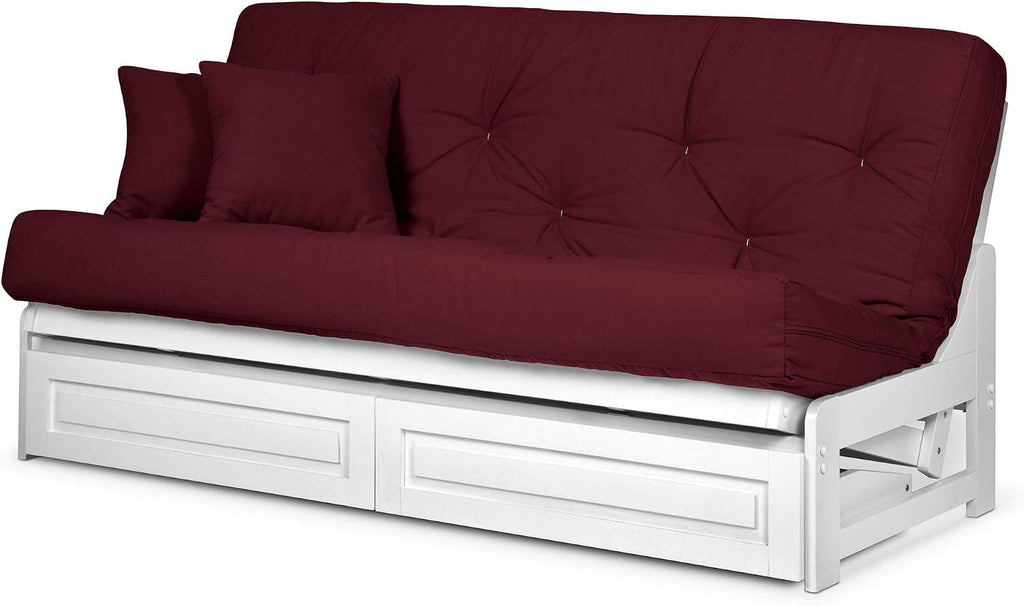 Nirvana Futons Arden White Futon with Storage Drawers Full or Queen Size - Space Saving Armless Design with Comfortable Mattress (Twill Burgundy), Sofa Bed Available in