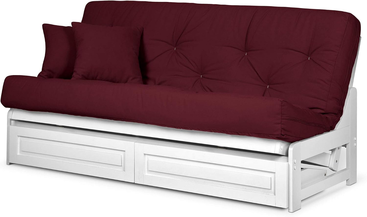 Nirvana Futons Arden White Futon with Storage Drawers Full or Queen Size - Space Saving Armless Design with Comfortable Mattress (Twill Burgundy), Sofa Bed Available in