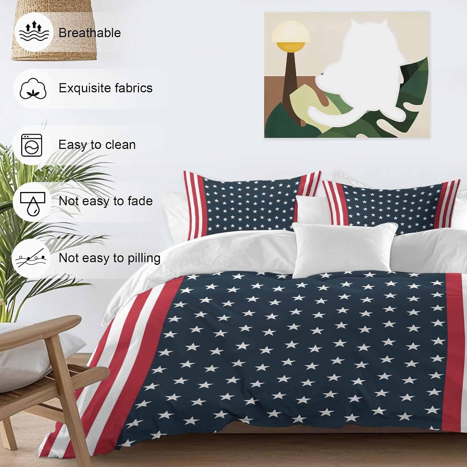 Independence Day Duvet Cover Set Queen Size 4 Pieces U.S. Flag Themed White Five-Pointed Star Bedding Set with Zipper Closure, 1 Comforter Cover 92x106 Inches 1 Flat Sheet & 2 Pillow Cases