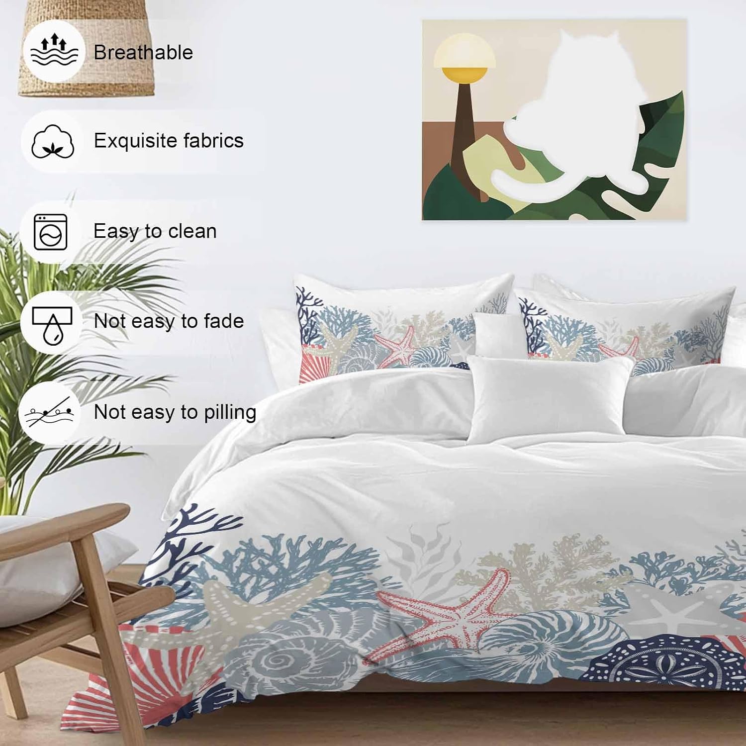 Summer Marine Life Duvet Cover Set Queen Size 4 Pieces Ocean Coral Coastal Starfish Blue Conch Bedding Set with Zipper Closure, 1 Comforter Cover 92x106 Inches 1 Flat Sheet & 2 Pillow Cases