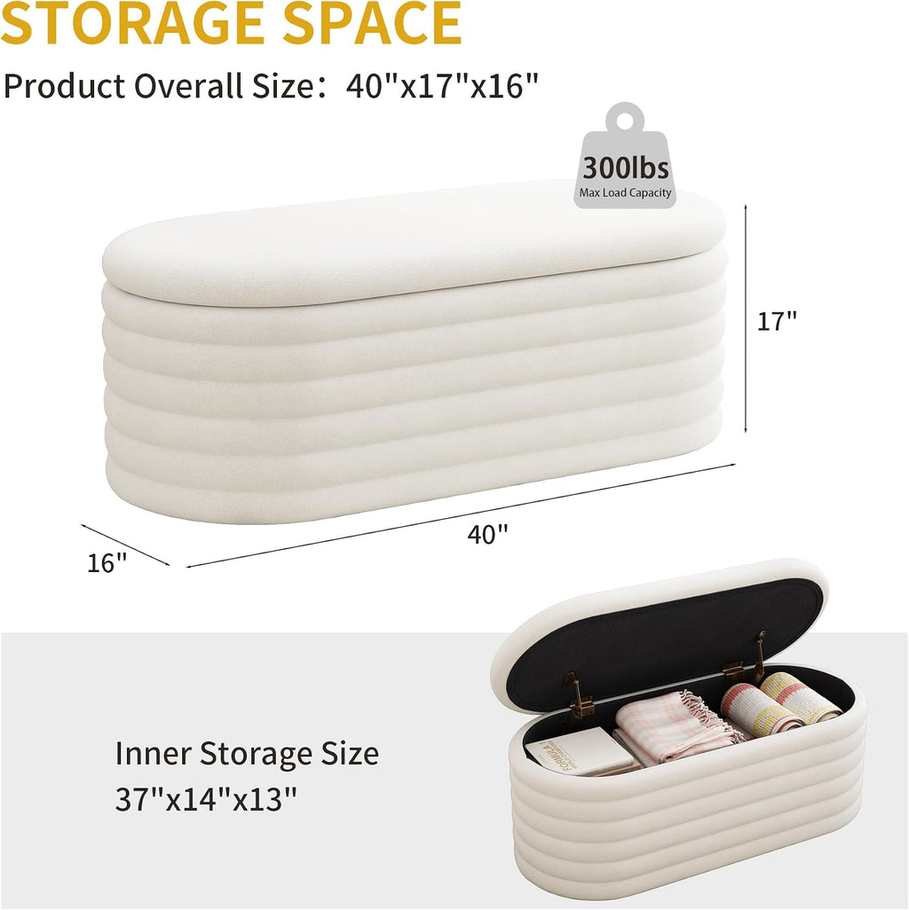 Storage Ottoman Bench 40 inch Upholstered Chenille Fabric Storage Bench for Bedroom End of Bed Stool Aesthetic Large Storag Ottoman for Living Room Entryway,Beige White