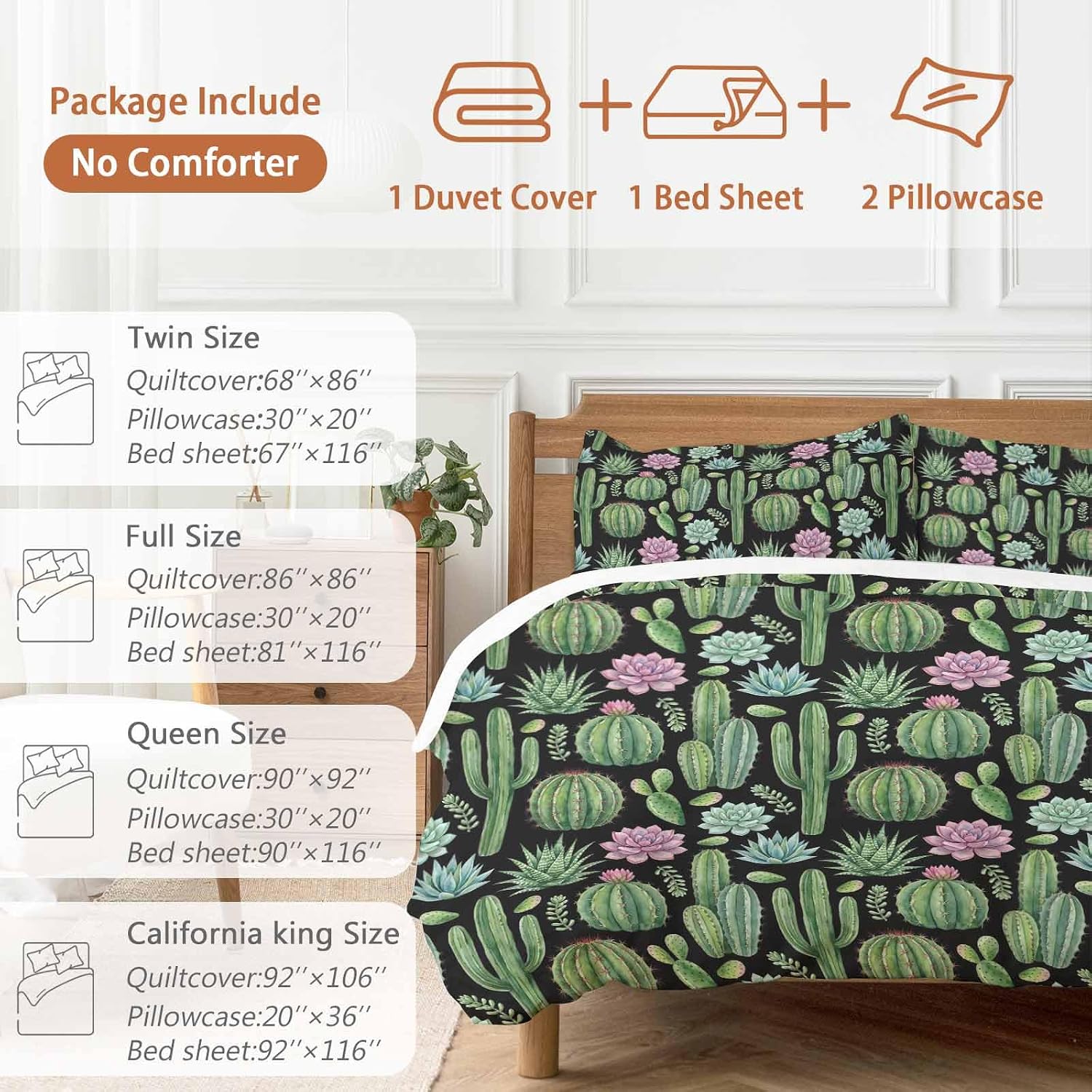 Summer Botanical Duvet Cover Set Queen Size 4 Pieces Tropical Saguaro Opuntia Green Cactus Black Bedding Set with Zipper Closure, 1 Comforter Cover 92x106 Inches 1 Flat Sheet & 2 Pillow Cases