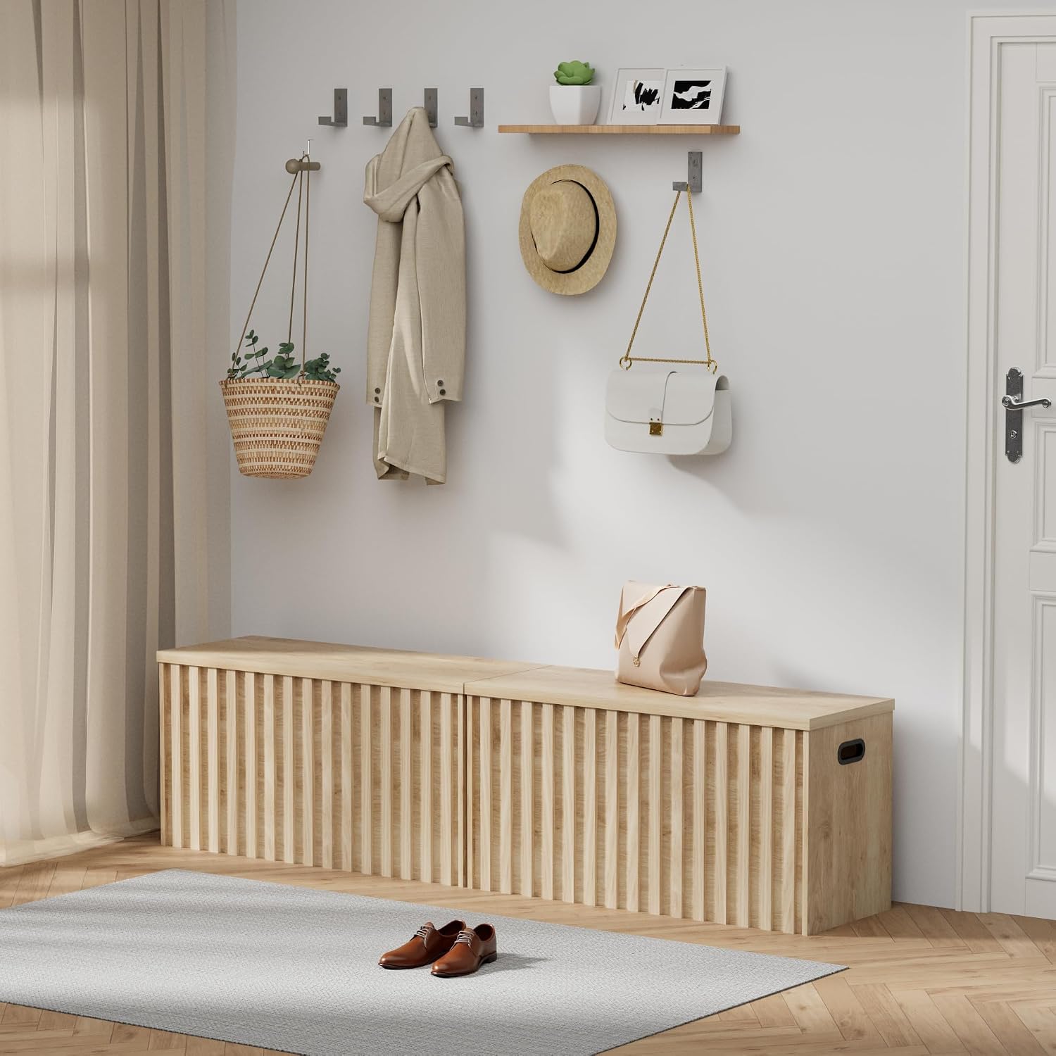 UEV Storage Bench Set of 2, 39.4' Wood Storage Trunk with 2 Safety Hinges, Sturdy Storage Chest, Fluted Storage Bench for Bedroom, Shoe Bench for Entryway, Living Room (Ivroy White)