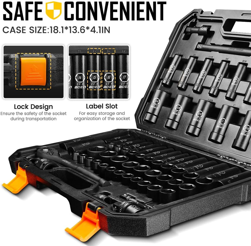 BOEN 1/2' Drive Impact Socket Set, 72 Piece Standard SAE (5/16'-1-1/4') & Metric (8-24 mm), Deep & Shallow Kit | Includes Ratchet Handle & Adapters | 3 ', 5', 10' Extension Bar