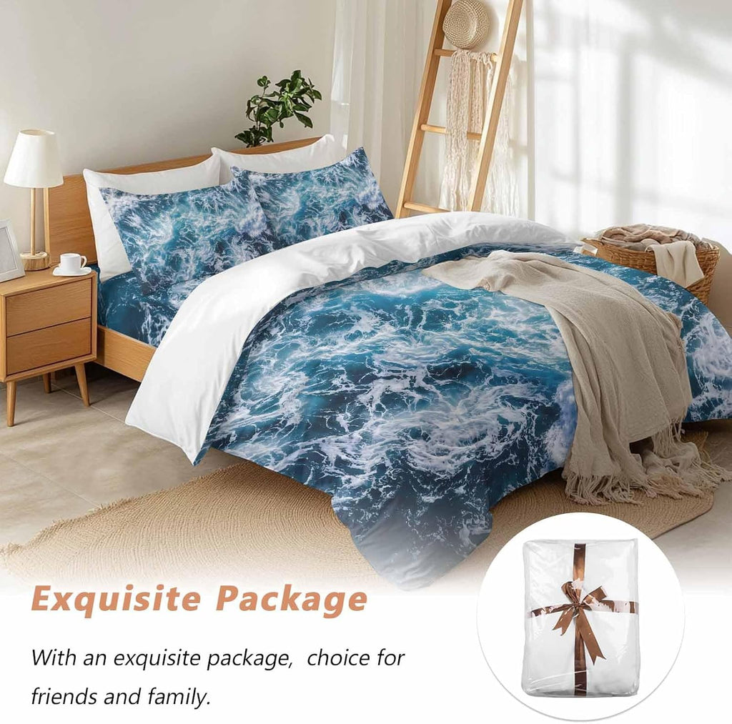 Dark Blue Ocean Scenery Duvet Cover Set Queen Size 4 Pieces Ombre Sea Waves Natural Modern Art Bedding Set with Zipper Closure, 1 Comforter Cover 92x106 Inches 1 Flat Sheet & 2 Pillow Cases