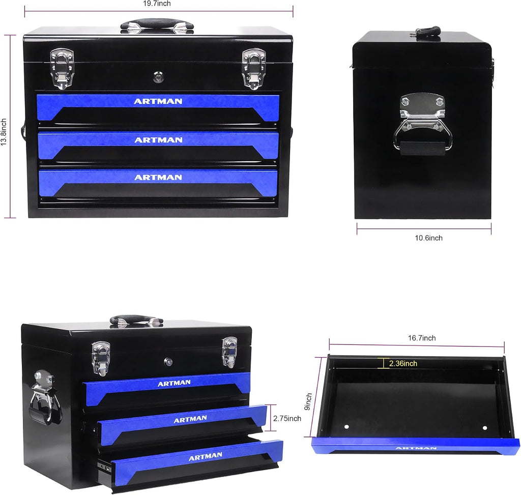Tool Set and Mechanic Tool Set Box with Handle and 3-Drawer Heavy Duty Metal Box - 339 Piece Tool Kits for Adults Mechanics Workshop Maintenance and Repair Projects - Blue