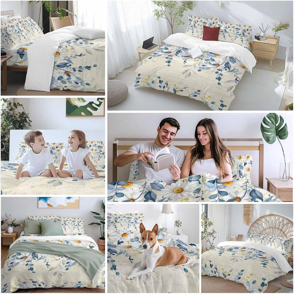 Spring Eucalyptus Leaves Duvet Cover Set Queen Size 4 Pieces Country Vintage Blue Leaf White Daisy Bedding Set with Zipper Closure, 1 Comforter Cover 92x106 Inches 1 Flat Sheet & 2 Pillow Cases