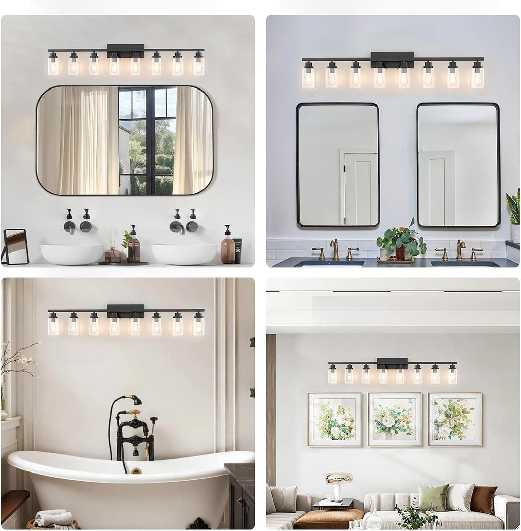 8 Light Black Bathroom Vanity Light Fixture, Long Farmhouse Vanity Lights Over Mirror,Modern Large Bathroom Lighting Wall Light with Clear Glass Globe for Mirror,Living Room,Bedroom