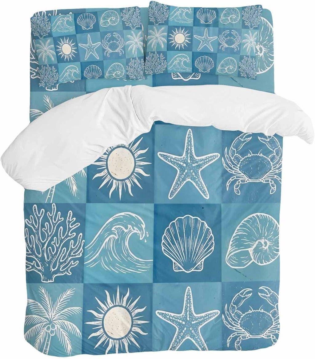Prime Leader Blue Coastal Duvet Cover Set Queen Size 4 Pieces Summer Ocean Waves Shell Crab Coconut Tree Bedding Set with Zipper Closure, 1 Comforter Cover 92x106 Inches 1 Flat Sheet & 2 Pillow Cases