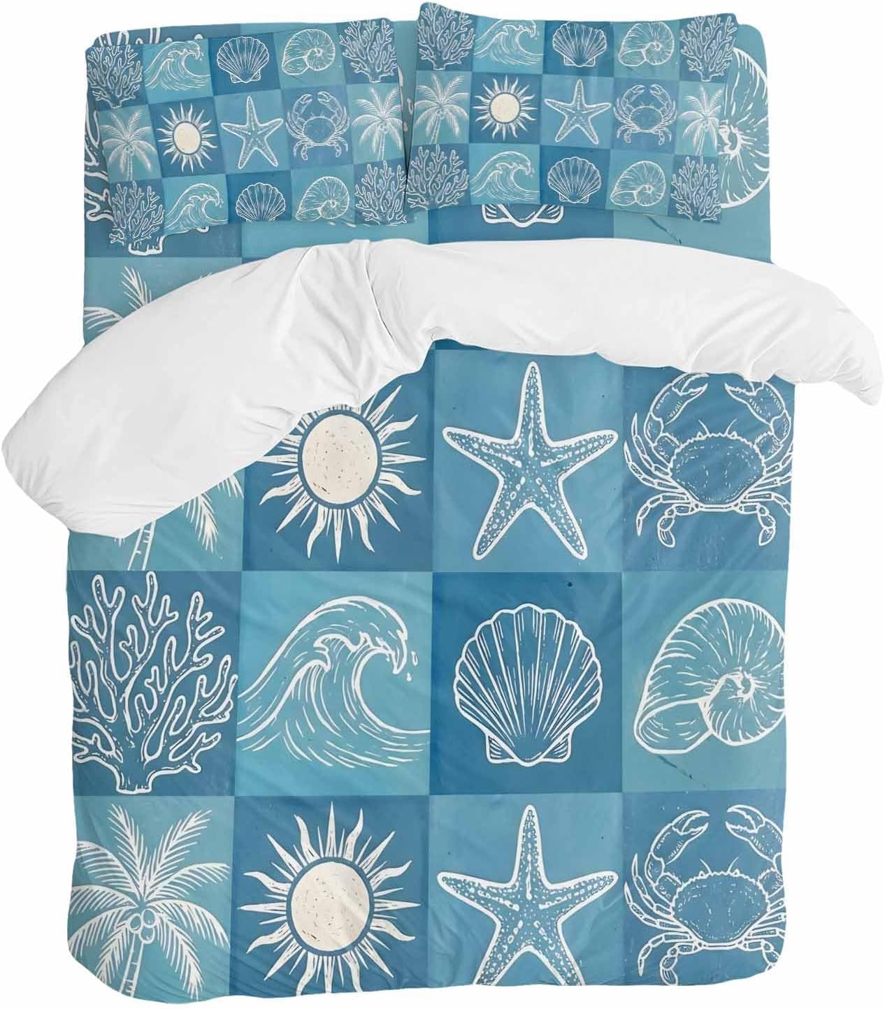 Prime Leader Blue Coastal Duvet Cover Set Queen Size 4 Pieces Summer Ocean Waves Shell Crab Coconut Tree Bedding Set with Zipper Closure, 1 Comforter Cover 92x106 Inches 1 Flat Sheet & 2 Pillow Cases