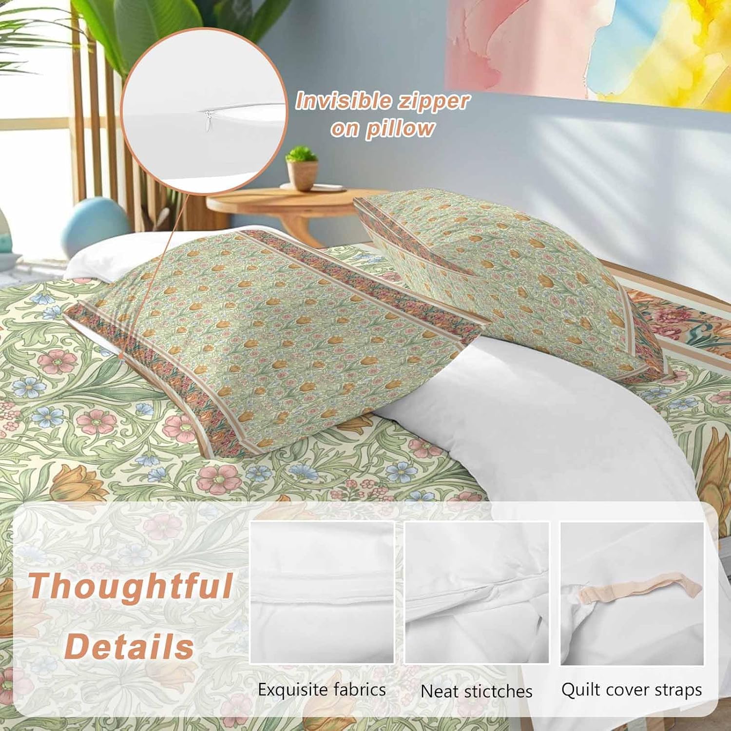 Prime Leader Flowers Duvet Cover Set Queen Size 4 Pieces Ethnic Abstract Yellow Pink Floral Green Leaf Bedding Set with Zipper Closure, 1 Comforter Cover 86x86 Inches 1 Flat Sheet & 2 Pillow Cases