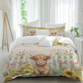 Farm Highland Cattle Duvet Cover Set Queen Size 4 Pieces Farmhouse Sunflower Cow Fence Linen Texture Bedding Set with Zipper Closure, 1 Comforter Cover 92x106 Inches 1 Flat Sheet & 2 Pillow Cases